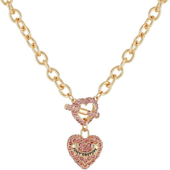 JUICY COUTURE PINK HEART PAVE Chain Link Necklace Pinkish-Gold 💞💎🎅🎀✨ - Picture 1 of 7